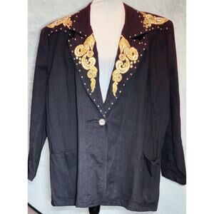 Vintage JenJen Darian 1980s Denim Blazer Jacket Gold Jewels Embroidery Studs 2X